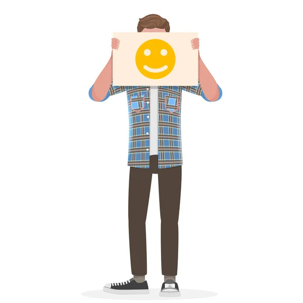 Homem segurando um feliz sinal Emoji na frente de seu rosto. — Vetor de Stock