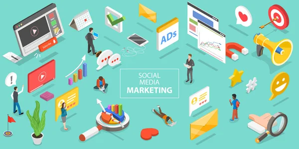 Illustrazione concettuale del vettoriale piatto isometrico 3D del social media marketing. — Vettoriale Stock