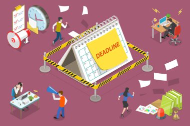 Üç Boyutlu Isometric Flat Vektör Son teslim tarihindeki Fazla mesainin Kavramsal İllüstrasyonu.