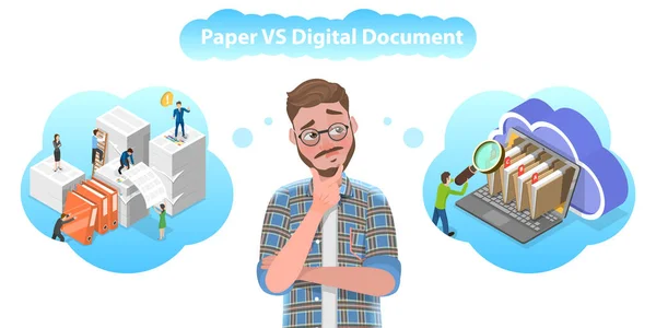 3D Isometric Flat Vector Conceptual Illustration of Paper VS Digital Documents. — 스톡 벡터