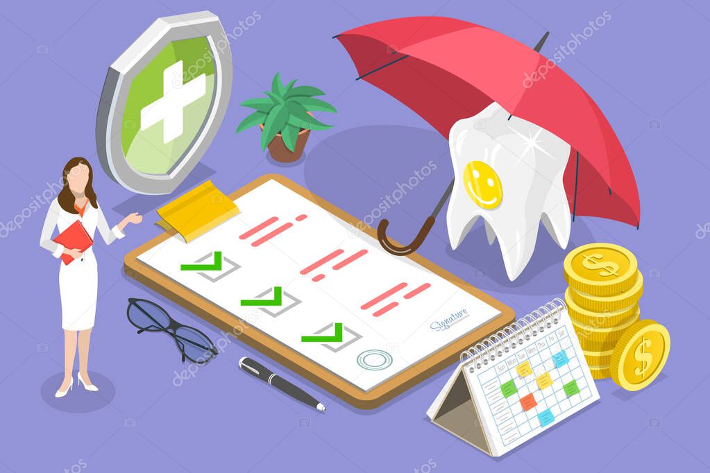 3D Isometric Flat Vector Conceptual Illustration of Dental Insurance Policy.