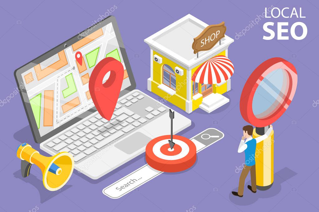 3D Isometric Flat Vector Conceptual Illustration of Local SEO Marketing Strategy