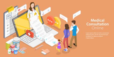 Çevrimiçi Tıbbi Kliniğin 3B Isometric Düz Vektör İllüstrasyonu
