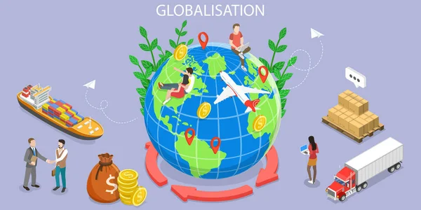 3D Isomric Flat Vector Illustrazione concettuale del commercio internazionale, globalizzazione — Vettoriale Stock