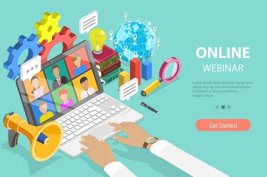 Çevrimiçi Webinar 'ın 3B Isometric Düz Vektör Kavramsal İllüstrasyonu