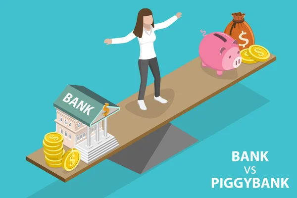 3D Isometric Vector Conceptual Illustration of Choosing Between Bank Accont and Piggybank — Stockový vektor