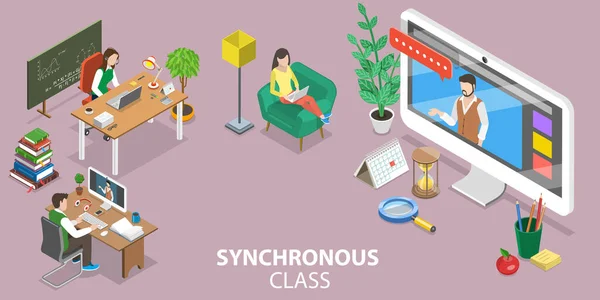 3D Isometric Flat Vector Conceptual Illustration of Synchronous Virtual Learning — Stock Vector