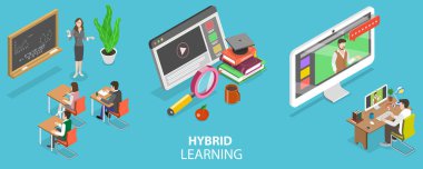 3B Isometric Düz Vektör Melez veya Harmanlanmış Öğrenmenin Kavramsal İllüstrasyonu