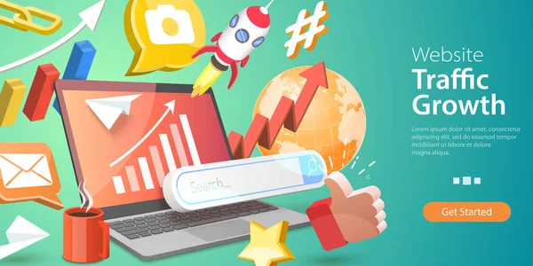 3D Isometric Flat Vector Conceptual Illustration of Website Traffic Growth — 스톡 벡터