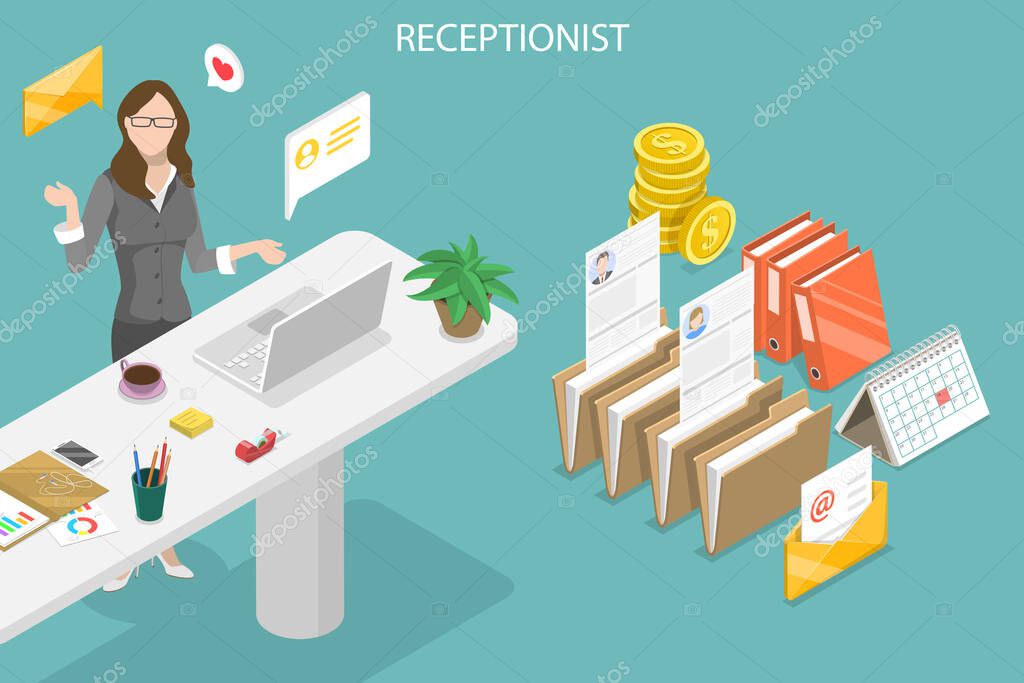 3D Isometric Flat Vector Conceptual Illustration of Receptionist Job
