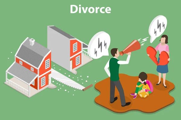 Illustrazione concettuale isometrica piatta 3D del divorzio emotivo e aggressivo — Vettoriale Stock