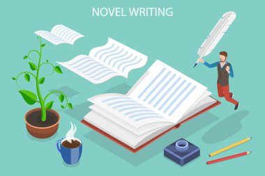 3 Boyutlu Isometric Düz Vektör Roman Yazımının Kavramsal İllüstrasyonu