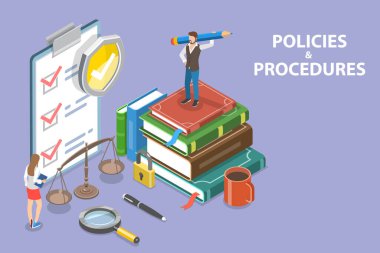 3B Isometric Düz Vektör Politikalar ve Prosedürlerin Kavramsal İllüstrasyonu