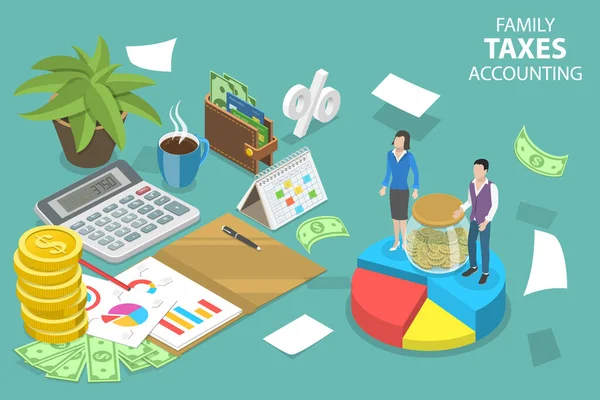 3D Isometric Flat Vector Conceptual Illustration of Family Taxes Accounting — Stockový vektor