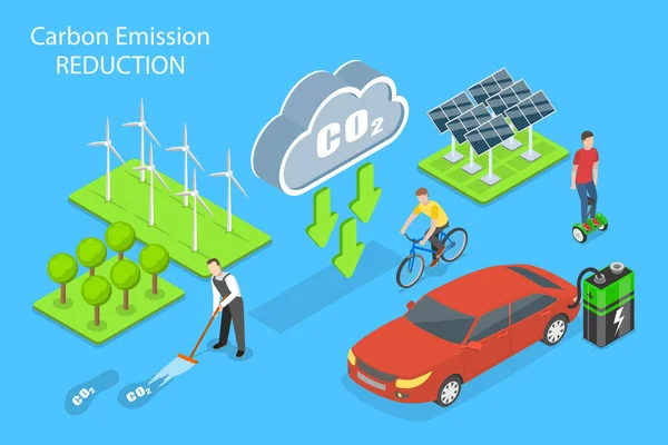 3D Isometric Flat Vector Conceptual Illustration of Carbon Emission Reduction — Stock Vector