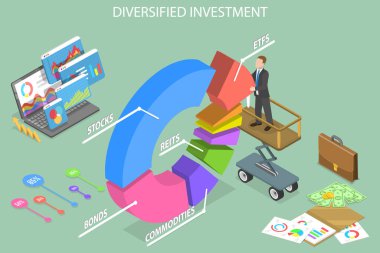 3B Isometric Düz Vektör Çeşitlendirilmiş Yatırımın Kavramsal İllüstrasyonu