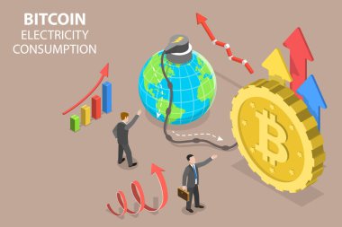 3B Isometric Düz Vektör Bitcoin Elektrik Tüketiminin Kavramsal İllüstrasyonu