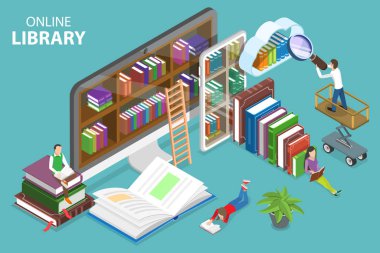 Çevrimiçi Kütüphanenin 3B Isometric Düz Vektör Kavramsal İllüstrasyonu