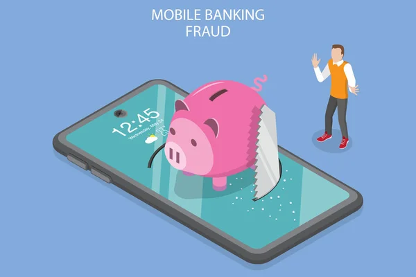 Illustration conceptuelle 3D du vecteur plat isométrique de la fraude bancaire mobile — Image vectorielle