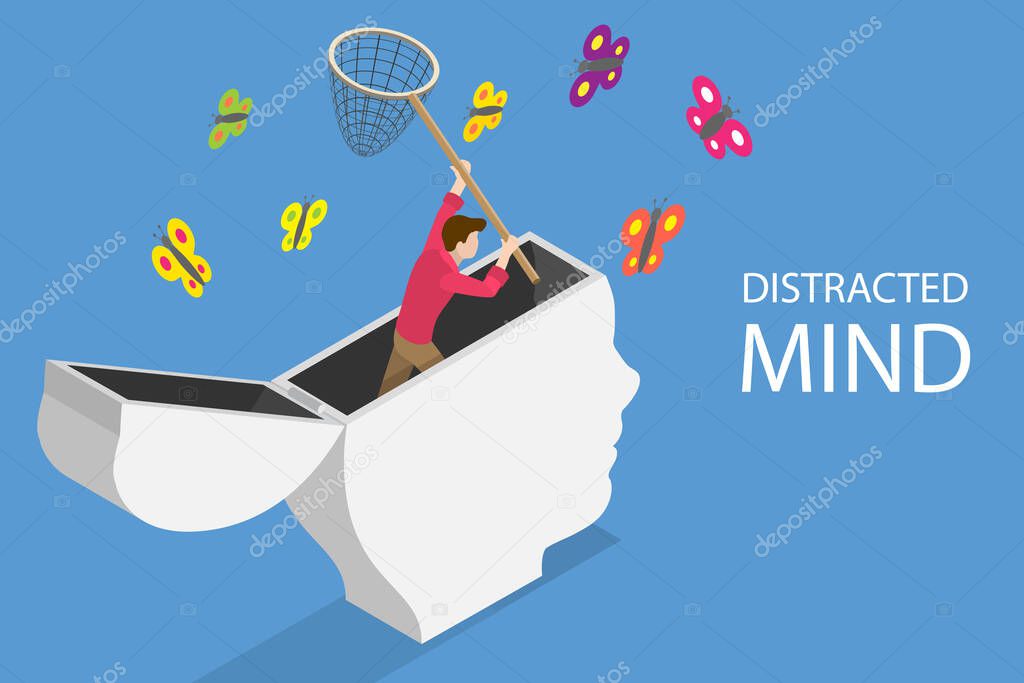 3D Isometric Flat Vector Conceptual Illustration of Distracted Mind