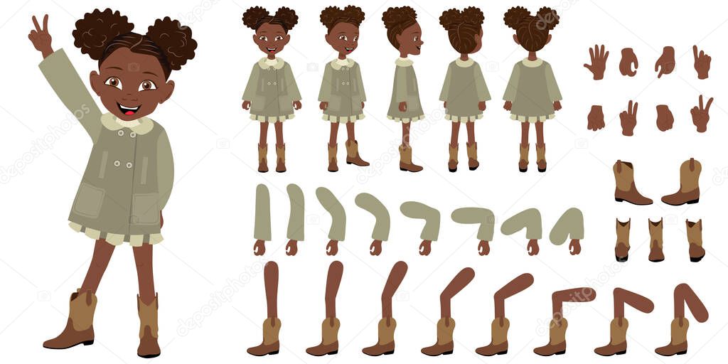 Flat Vector Illustration of Cute African American Kid Girl Wearing a Coat and Boots
