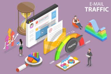 E- posta Trafiğinin 3B Isometric Düz Vektör Kavramsal İllüstrasyonu