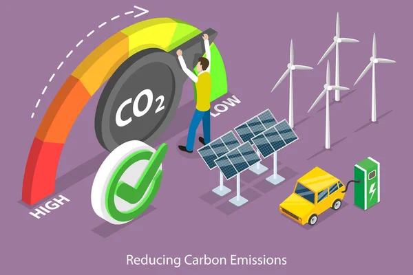 Ilustración conceptual de vectores planos isométricos 3D de reducción de emisiones de carbono — Archivo Imágenes Vectoriales