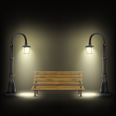 Bench Illuminated By Street Lamps. clipart