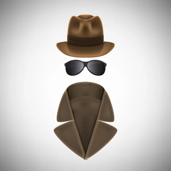 Private Eye Hat, glazen en regenjas. — Stockvector