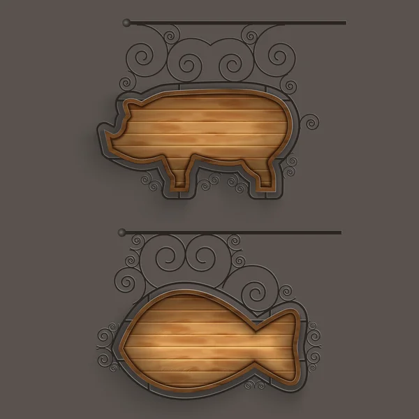 Conjunto iluminado de letreros de madera . — Vector de stock