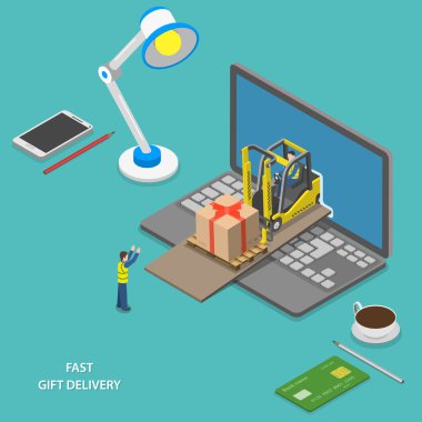 Fast gift delivery isometric vector illustration. vector