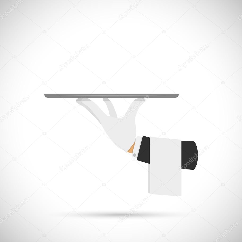 Waiter hand with tray and towel vector illustration.
