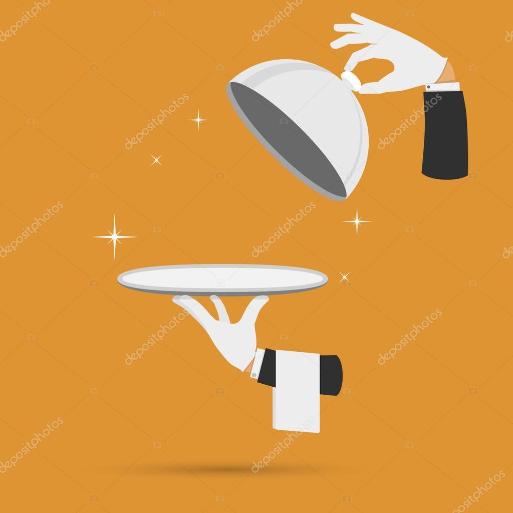 Waiter hands with cloche lid cover and towel vector illustration.