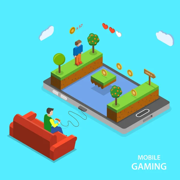 Mobile gaming flat isometric vector concept. — Stock Vector