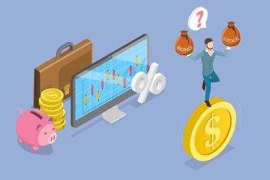 3D Isometric Flat Vector Illustration of Investment Opportunities, Balancing On Giant Dollar Coin, Deciding Between Stocks And Bonds