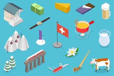 İsviçre 'nin 3B Isometric Düz Vektör İllüstrasyonu, Seyahat Amaçlı Bayrak Tasarımı