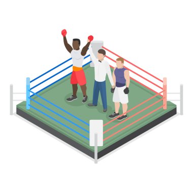Üç boyutlu Isometric Flat Vlat Boks İnsanları İllüstrasyonu, ringdeki Boksörlerin Sahneleri. Madde 2