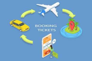 Çevrimiçi Bilet Rezervasyonunun 3D Isometric Düz Vektör İllüstrasyonu, Dijital Rezervasyon Platformu, Erişim Kullanışlı Bilet Hizmetleri