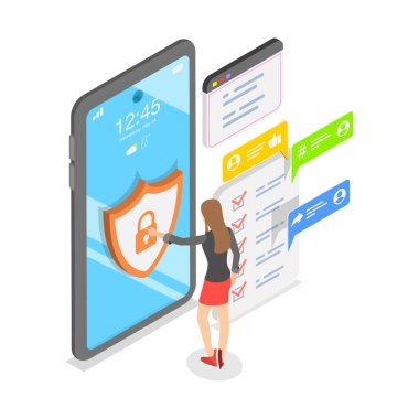 Web Güvenliğinin 3D Isometric Düz Vektör İlülasyonu, Çevrimiçi Verilerinizi Koruyun. Madde 3