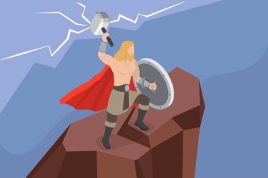 3D Isometric Düz Vektör: Thor 'un İskandinav Gök gürültüsü ve Şimşek Tanrısı