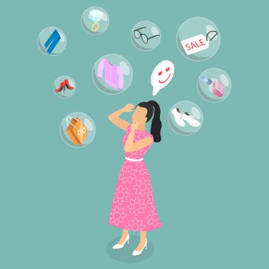 3 Boyutlu Isometric Düz Vektör Alışverişkolik, Zorunlu Kadın Alışverişci Moda Malzemeleri