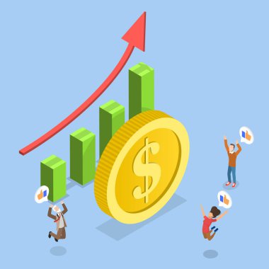 3 Boyutlu Isometric Maaş Artırımının Düz Vektör İllüstrasyonu, Yükselen Okla Para Sembolü Dolarlık Fiyatta Artırma