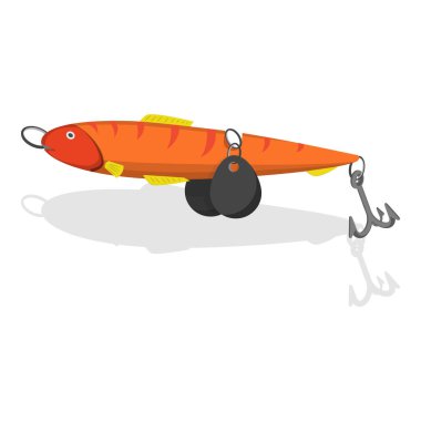 3D Isometric Düz Vektör Balık Yemi Koleksiyonu, Balıkçı Takımları ve Yapay Balıklar. Madde 1