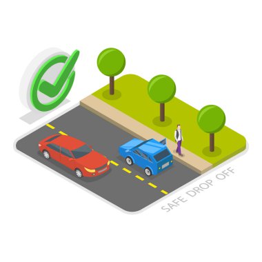 Trafik Yönetmeliğine Uyarak Güvenli Araba Sürme İpuçlarının 3D Isometric Flat Vector Illustration 'u. Madde 1