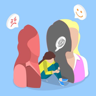 3 Boyutlu Isometric Düz Vektör İllüstrasyonu Bipolar Bozukluk, Sahtekar Sendrom, İfadeli Maskeler