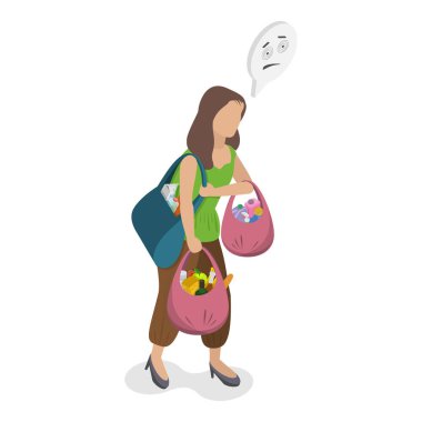 Üç boyutlu Isometric Düz Vektör Yorgunluk İllüstrasyonu, Ağır Çantalar Taşımaktan Yorgunluk Kavramı. Madde 1