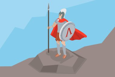 Spartalı Savaşçı 'nın 3D Isometric Düz Vektör İllüstrasyonu Kalkan ve Mızrakla gururla ayakta duruyor.