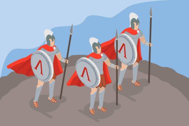 Spartalı Savaşçıların 3D Isometric Düz Vektör İlüstrasyonu, Ünlü Üç Yüz, Termopilae Muharebesine Hazırlıklı