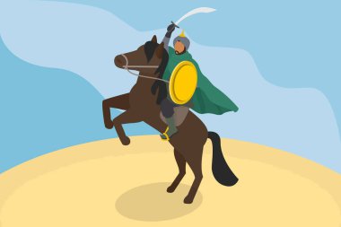 Haçlı Seferleri sırasında Müslüman Askeri Lider, Arap Savaşçısının 3D Isometric Düz Vektör İlülasyonu