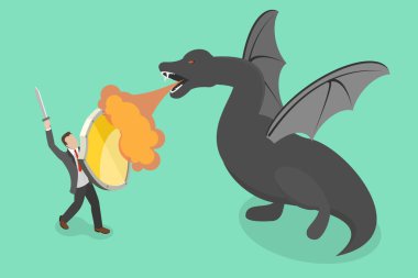 3D Isometric Düz Vektör Cesaret İllüstrasyonu, Ejderhayla Savaşan İş Adamı